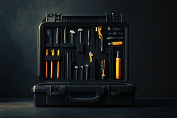 Vibrant Color Image of Black Plastic Tool Box with Construction Instruments