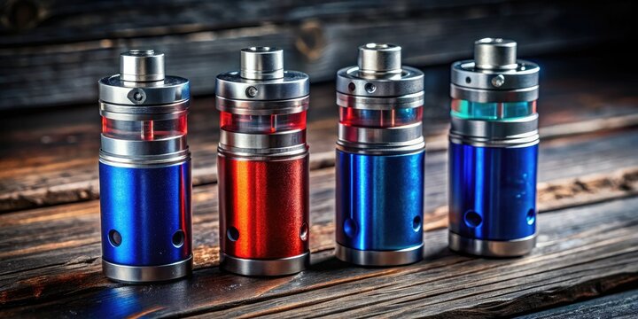 Vibrant, multicolored mechanical vape mods gleam, a close-up quartet against rich wood grain.