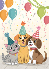 happy cartoon cats and dogs in the party hat birthday greeting card with balloons 