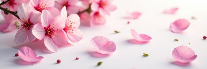 Fototapeta premium Soft pink cherry blossom petals scattered on a white surface with a few leaves, flowers, soft, nature