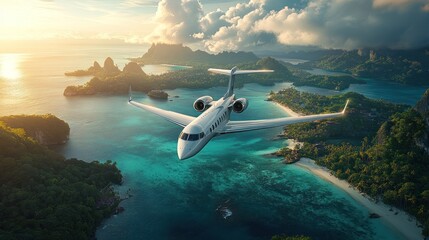 Fototapeta premium Luxury Private Jet Soaring Over Tropical Paradise