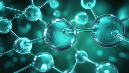 Molecular structure, turquoise atoms, science background, 3D render