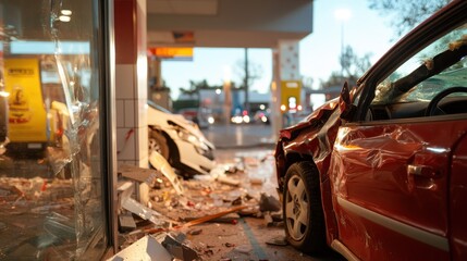 Car accident damages building at dusk in busy urban area
