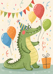 Naklejka premium happy cartoon alligator in the party hat birthday greeting card with balloons 