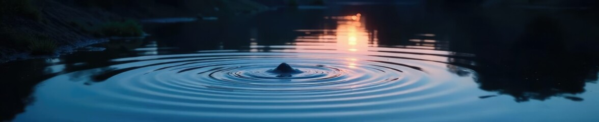 Gentle ripples disturb the surface of a quiet pond at dusk, night, serenity, ripples