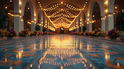 Obraz premium Elegant indoor pathway, festive lighting, floral decor