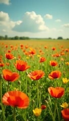 A carpet of colorful poppies in a meadow field, Field, Orange, Yellow