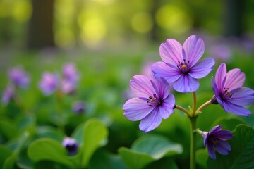 Violet hepatica flowers in a lush green garden, clear stamens, spring flowers, flower fields