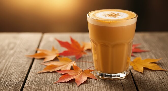 Warm autumn latte on rustic wooden table with colorful fallen leaves