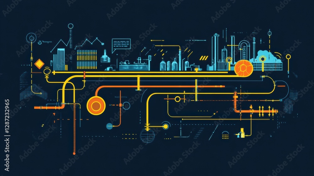 Poster Minimalist infographic showcasing gas pipeline flow and infrastructure in an industrial setting with a dark background. Generative AI