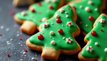 Obraz premium A Christmas tree shaped cookie decorated with green frosting and red berries, Christmas tree cookies, Baked goods, Sugar cookies