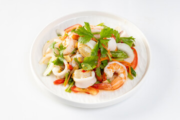 Spicy seafood salad, Thai spicy food recipe, Yum Spicy seafood on a white background
