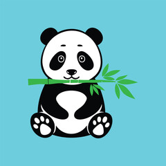 Cute panda bear and bamboo stick on blue background