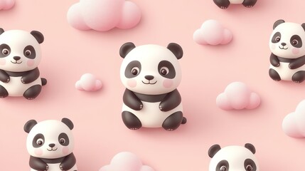 Obraz premium Cute pandas sitting on pink background with clouds; kids' wallpaper