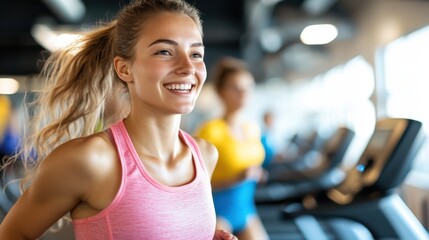 Fototapeta premium Young female athlete excels in treadmill training at modern gym