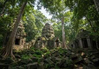 Ancient temple ruins in lush jungle: mystical atmosphere and historical architecture