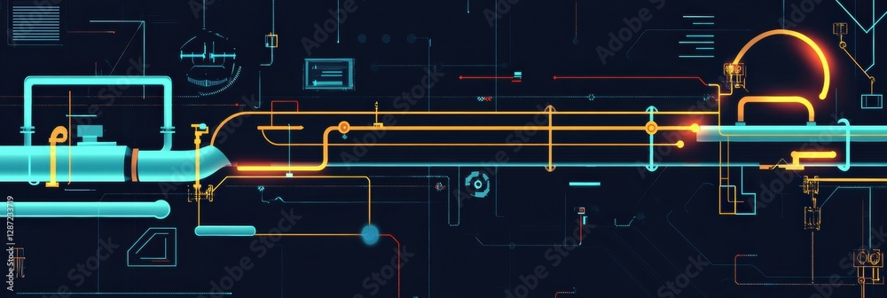 Poster gas pipeline infrastructure visualized with flow indicators and minimalist design for clear understa