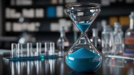 Blue Sand Hourglass in a Modern Laboratory Setting
