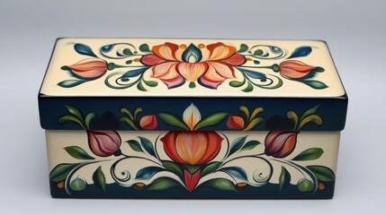 A Hand Painted Wooden Box Displaying Floral Ornamentation and Detail