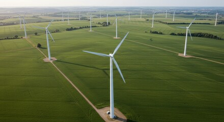 Obraz premium Modern wind turbines on lush green fields showcasing renewable energy in scenic rural landscape