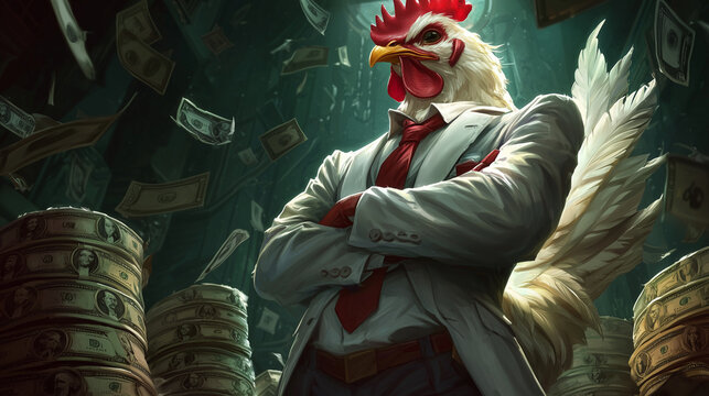 Wealthy Rooster in Suit Money Falling Business Finance Success