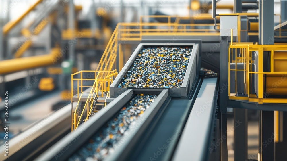 Poster Recycling plant with conveyor belts sorting mixed waste in an industrial setting with space for additional text. Generative AI