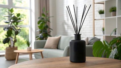 Fototapeta premium a minimalist black vase with reed aroma diffusers sits on wooden table