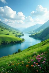 Rolling hills meet the sky with a serene lake in between, calm, hillside
