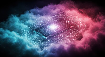 Fototapeta premium Futuristic smartphone with glowing microchip amidst colorful cloudscape