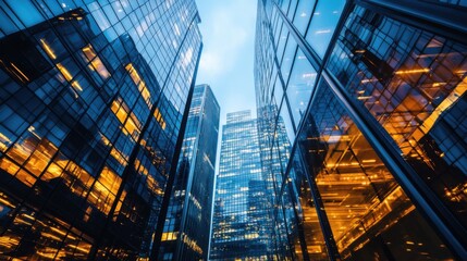 Urban skyscrapers at dusk city center photography modern architecture low angle city life