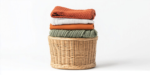 Stack of clean clothes and wicker basket with clean items isolated