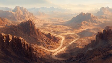 Naklejka premium The winding road cuts through the arid desert landscape beautifully