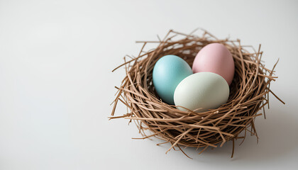A close-up image of a handmade nest containing pastel-colored eggs. Perfect for symbolizing Easter, spring themes, or creative natural decorations.