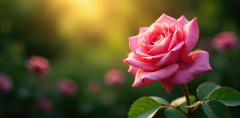 Fototapeta premium Soft petals of pink roses unfold in the morning dew, peaceful, garden, landscape