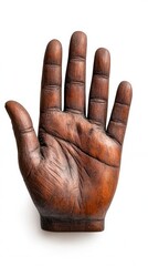 Detailed Stock Photo of a Wooden Carved Hand Against a Clean White Backdrop, Perfect for Representing Concepts Like Craftsmanship, Art, Sculpture, and Cultural Heritage, This High-Resolution Image