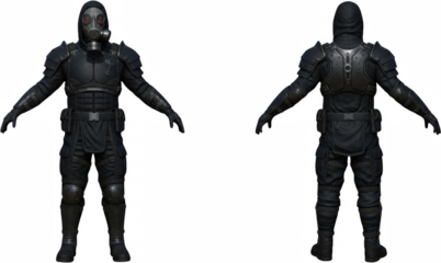 Tactical Combat Gear 3D Model Render of Armored Figure in Gas Mask Front and Back Views
