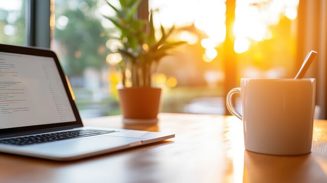 Manager evaluates team performance while enjoying morning coffee at desk