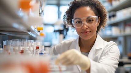 Tech examines test tubes carefully in a clinical lab