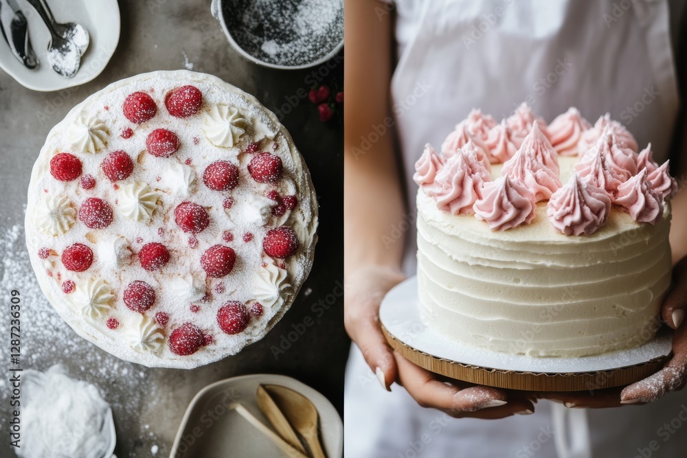 Poster Two elegant cakes with vibrant frosting and fresh raspberries showcased on a rustic table. Generative AI