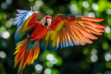 Fototapeta premium Top view of a parrot with bright colors covering its pointed feathers. Its wide, curved wings look ready to fly into the vast sky