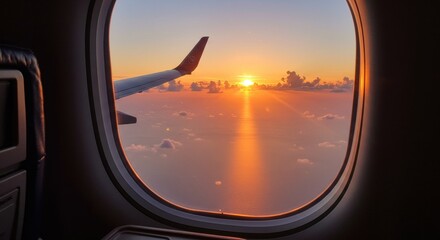 Naklejka premium ?majestic sunset view from airplane window above the clouds?