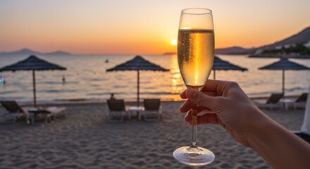 Obraz premium Sunset toast with a champagne glass on a beachfront getaway