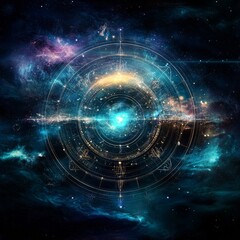 Obraz premium Futuristic Celestial Zodiac Wheel Radiating Ethereal Blue Energy