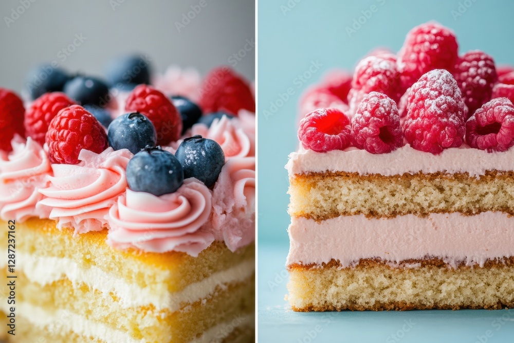 Poster two layer cake with raspberry and blueberry toppings on a pastel blue background. generative ai