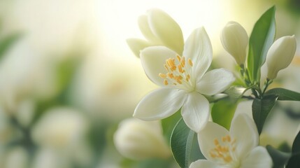 Obraz premium White blossoms blooming outdoors in sunlight, nature background, spring design