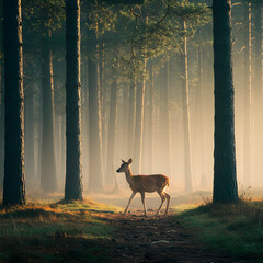 Deer standing in misty sunrise forest