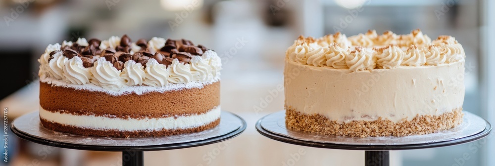 Poster delicious desserts displayed in a bakery showcasing cream cakes and a variety of toppings appealing 