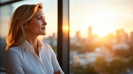 Fototapeta premium Female manager makes strategic decisions in high-rise office at sunset