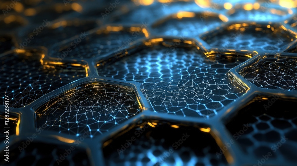 Poster complex hexagonal network glowing with data connections, creating a futuristic technological backgro