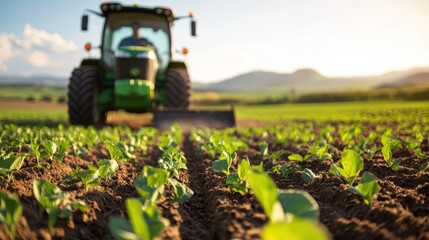 Obraz premium Farmer plows rich soil in sprawling field under a golden sunset sky